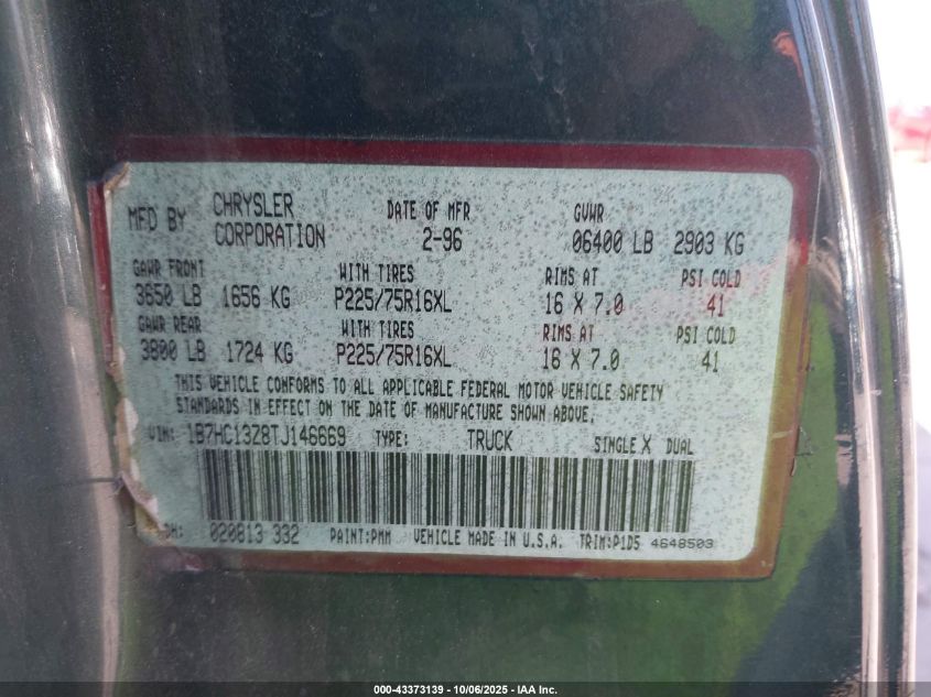 1996 Dodge Ram 1500 VIN: 1B7HC13Z8TJ146669 Lot: 43373139