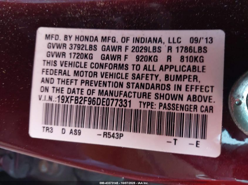 2013 Honda Civic Ex-L VIN: 19XFB2F96DE077331 Lot: 43373145