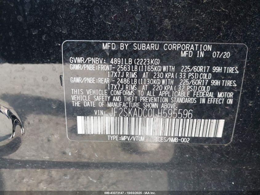 2020 Subaru Forester VIN: JF2SKADC0LH595596 Lot: 43373147