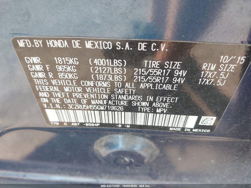 2016 HONDA HR-V EX - 3CZRU5H55GM719626