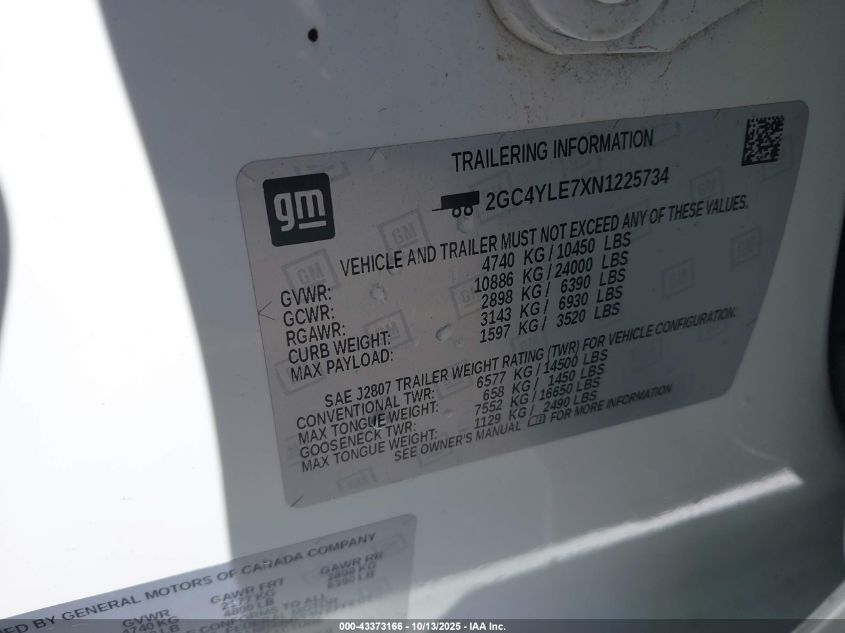 2022 Chevrolet Silverado 2500Hd 4Wd Standard Bed Wt VIN: 2GC4YLE7XN1225734 Lot: 43373166