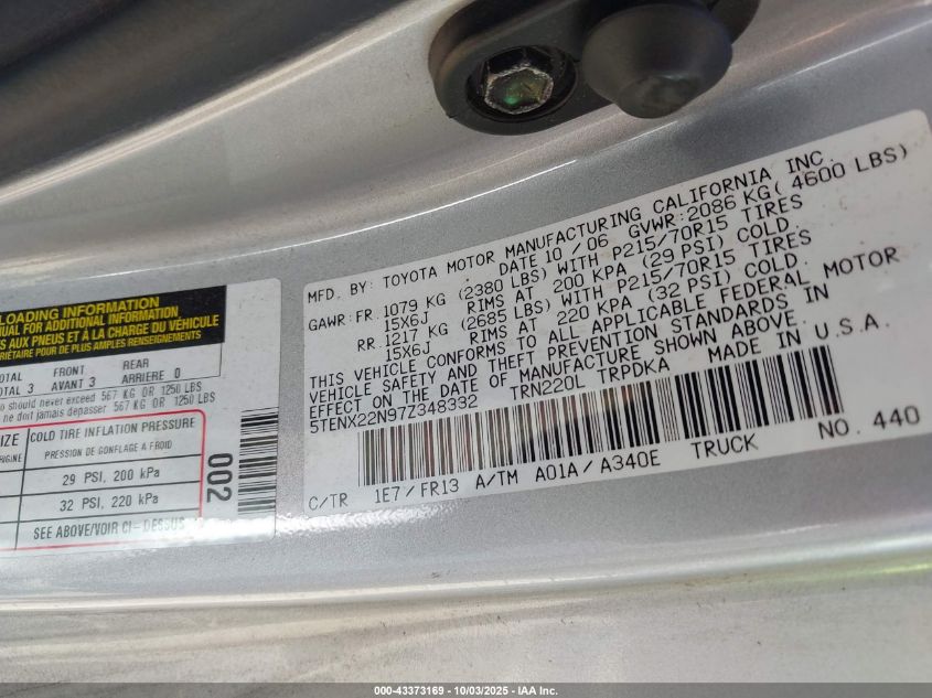 2007 Toyota Tacoma VIN: 5TENX22N97Z348332 Lot: 43373169