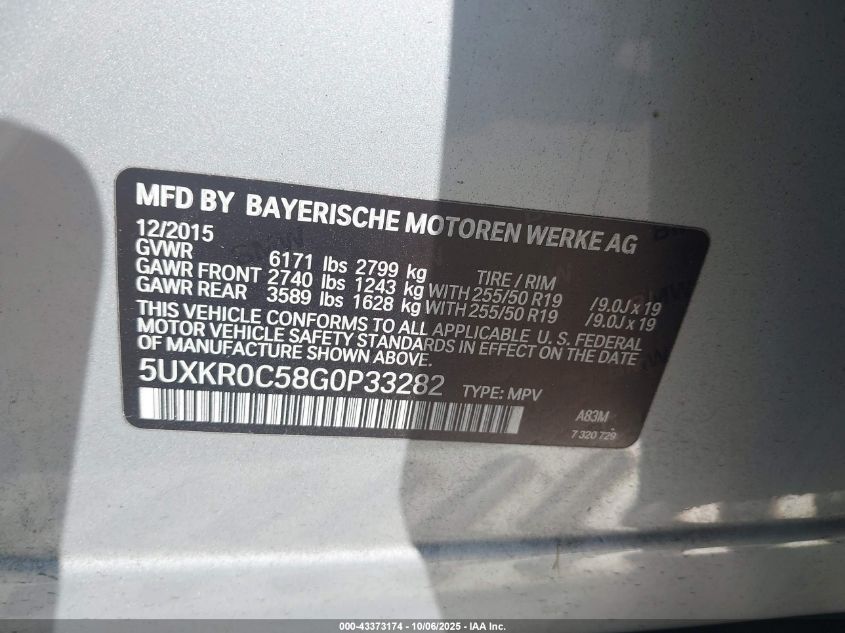 2016 BMW X5 xDrive35I VIN: 5UXKR0C58G0P33282 Lot: 43373174