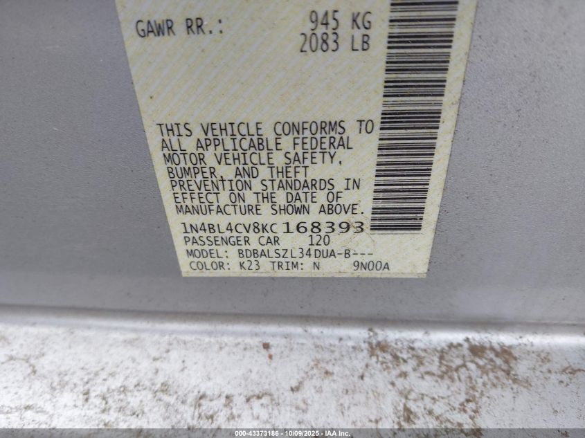 2019 Nissan Altima 2.5 Sr VIN: 1N4BL4CV8KC168393 Lot: 43373186