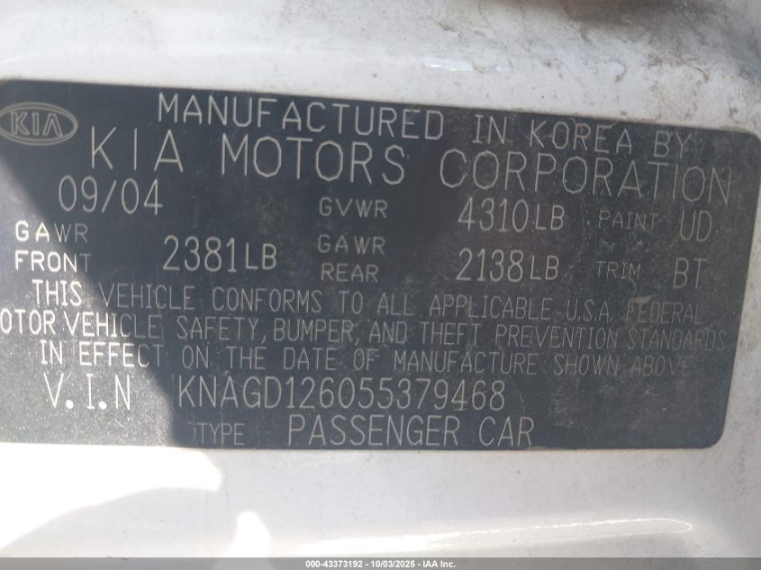 2005 Kia Optima VIN: KNAGD126055379468 Lot: 43373192