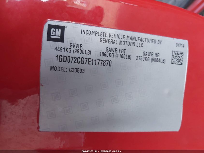 2014 GMC Savana Cutaway 3500 VIN: 1GD072CG7E1177870 Lot: 43373194