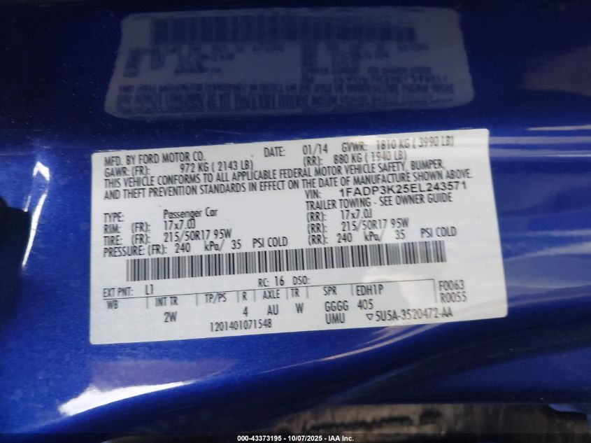 2014 Ford Focus Se VIN: 1FADP3K25EL243571 Lot: 43373195