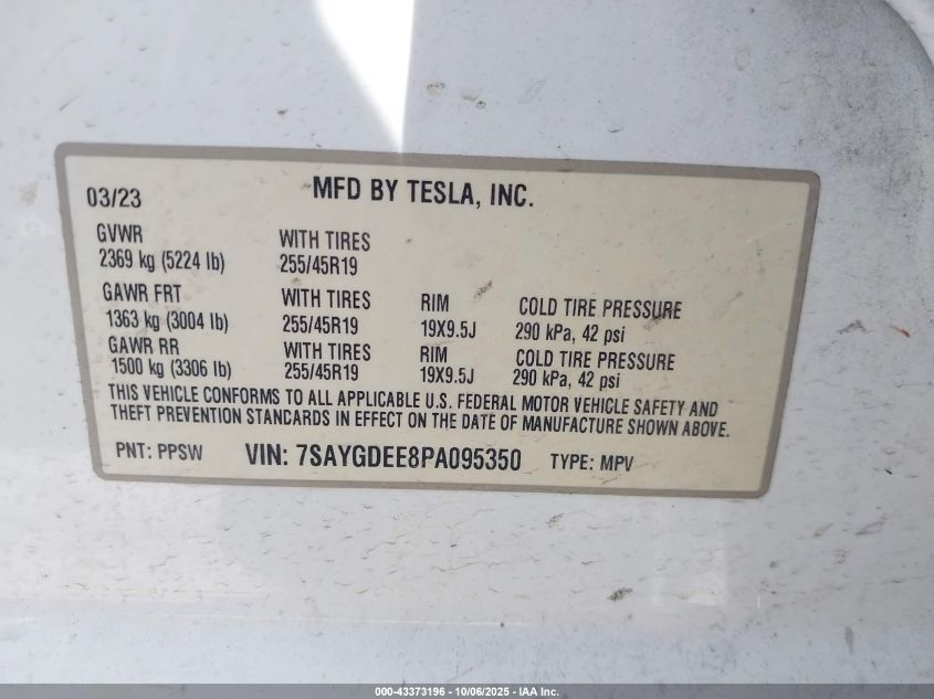 2023 Tesla Model Y Awd/Long Range Dual Motor All-Wheel Drive VIN: 7SAYGDEE8PA095350 Lot: 43373196