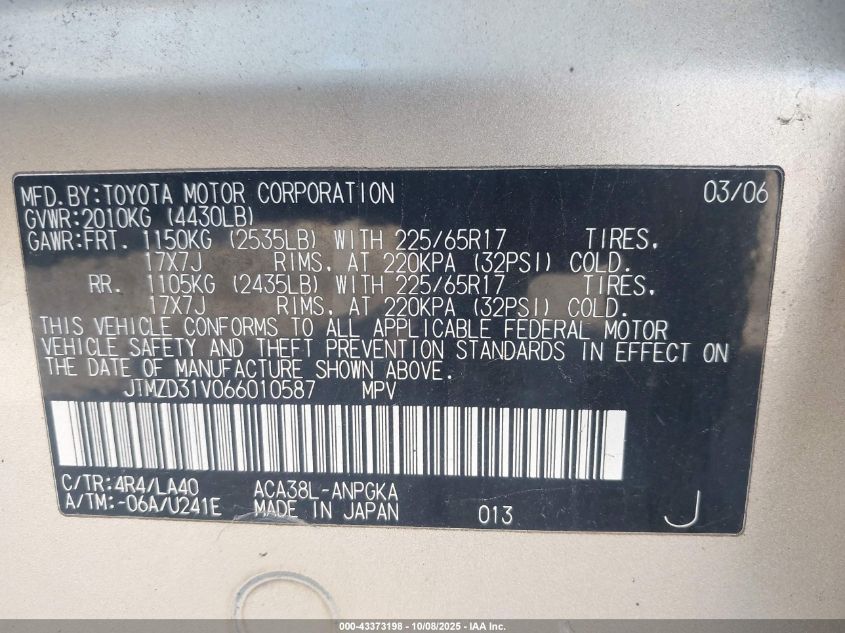 2006 Toyota Rav4 Limited VIN: JTMZD31V066010587 Lot: 43373198