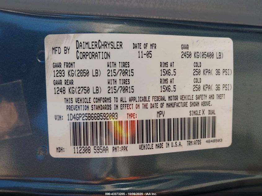 2006 Dodge Caravan Se VIN: 1D4GP25B66B592083 Lot: 43373205