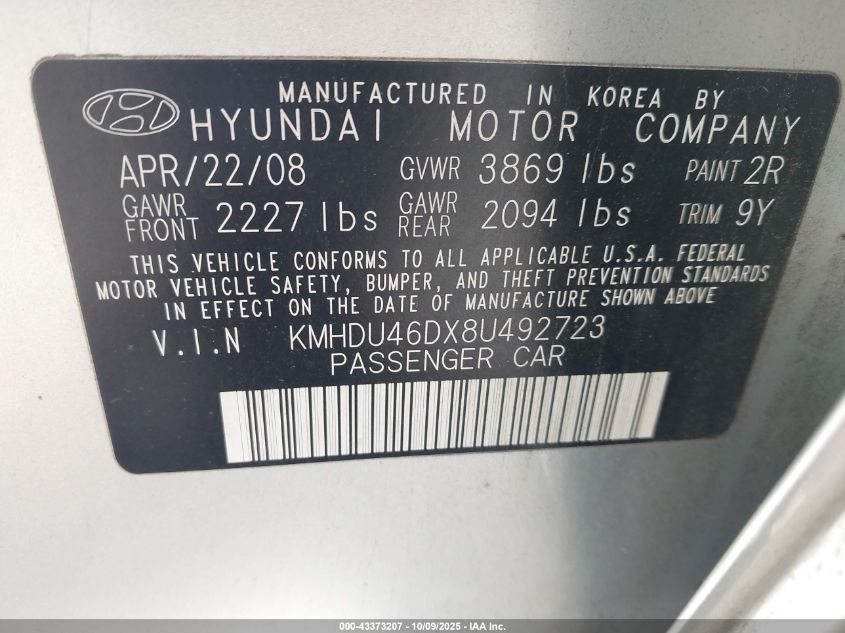2008 Hyundai Elantra Gls/Se VIN: KMHDU46DX8U492723 Lot: 43373207