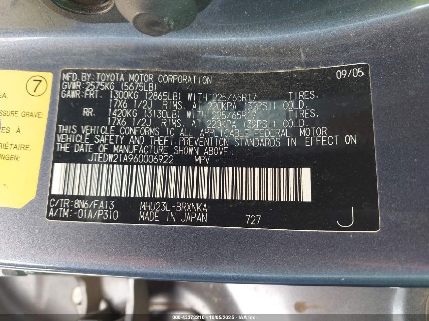 2006 Toyota Highlander Hybrid V6 VIN: JTEDW21A960006922 Lot: 43373210