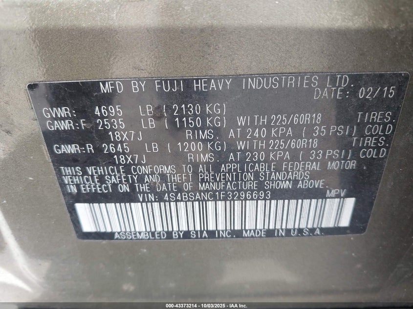 2015 SUBARU OUTBACK 2.5I LIMITED - 4S4BSANC1F3296693