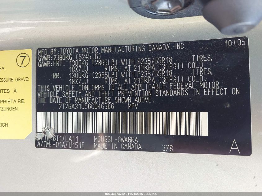 2006 Lexus Rx 330 VIN: 2T2GA31U56C046366 Lot: 43373222