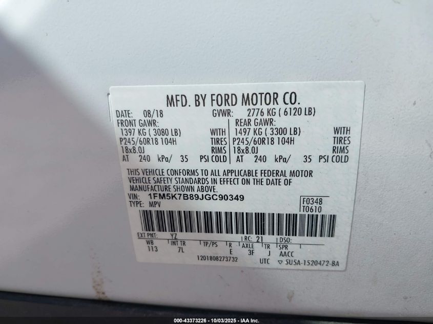 2018 Ford Explorer VIN: 1FM5K7B89JGC90349 Lot: 43373226