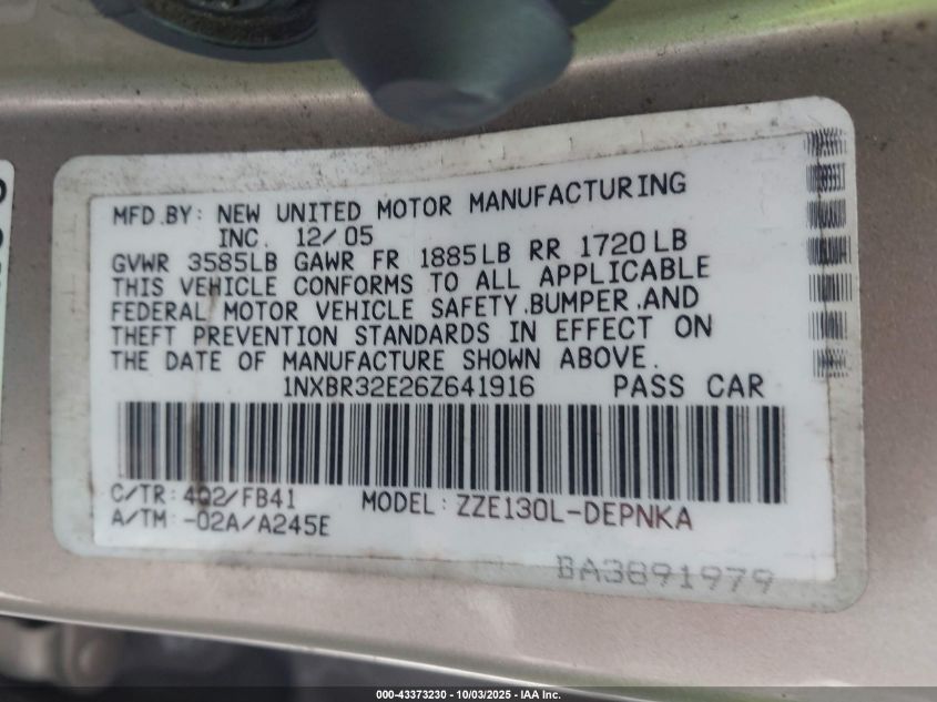 2006 Toyota Corolla Le VIN: 1NXBR32E26Z641916 Lot: 43373230