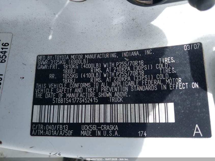 2007 Toyota Tundra Sr5 4.7L V8 VIN: 5TBBT54177S452415 Lot: 43373233