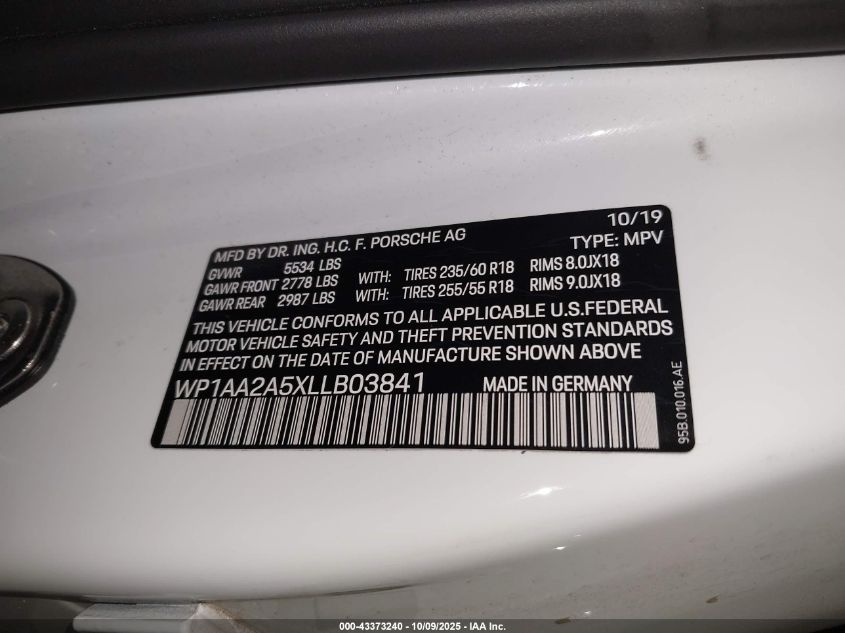 2020 Porsche Macan VIN: WP1AA2A5XLLB03841 Lot: 43373240
