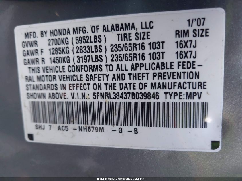 2007 Honda Odyssey Ex VIN: 5FNRL38437B039846 Lot: 43373253