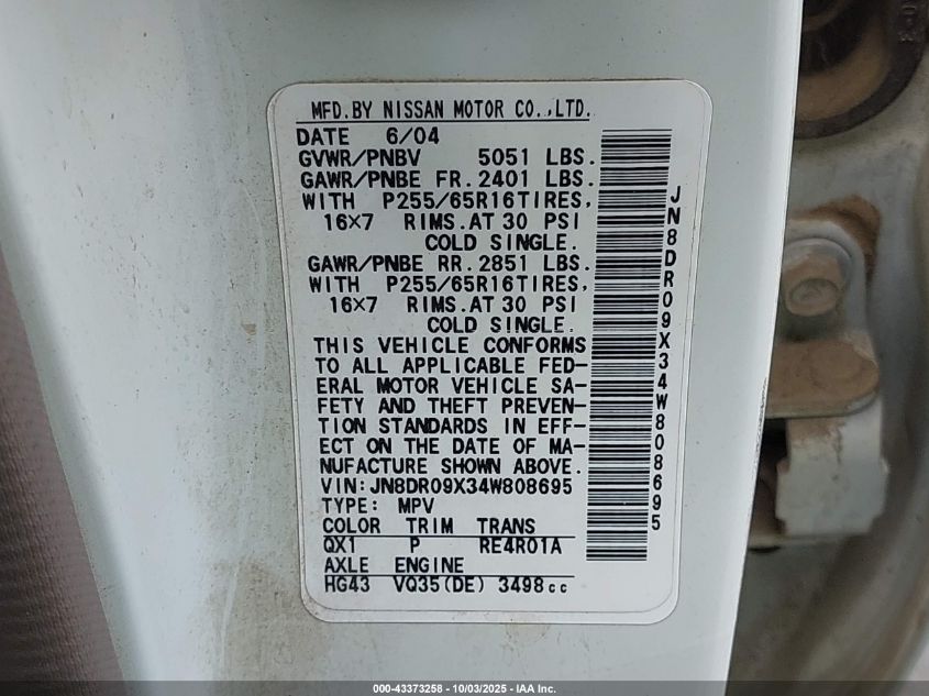 2004 Nissan Pathfinder Se VIN: JN8DR09X34W808695 Lot: 43373258