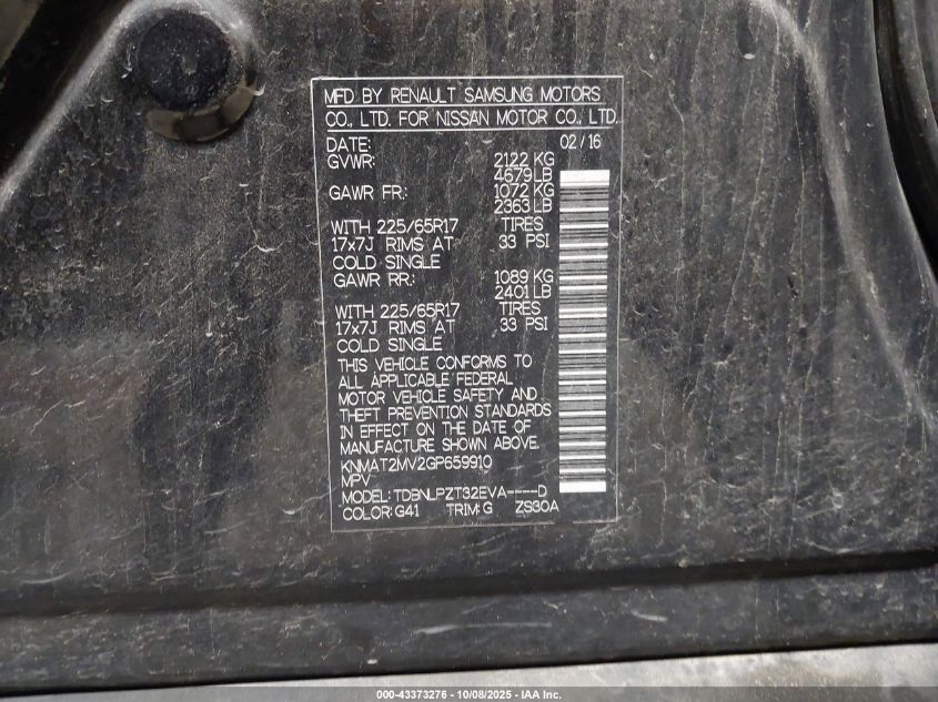 2016 Nissan Rogue S VIN: KNMAT2MV2GP659910 Lot: 43373276