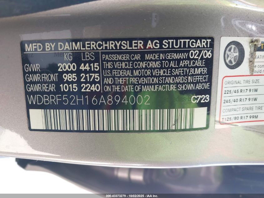 2006 Mercedes-Benz C 230 Sport VIN: WDBRF52H16A894002 Lot: 43373279