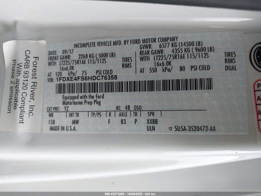 2018 Sunseeker E-450 Cutaway VIN: 1FDXE4FS6HDC76358 Lot: 43373280