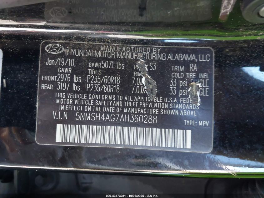 2010 Hyundai Santa Fe Se VIN: 5NMSH4AG7AH360288 Lot: 43373281