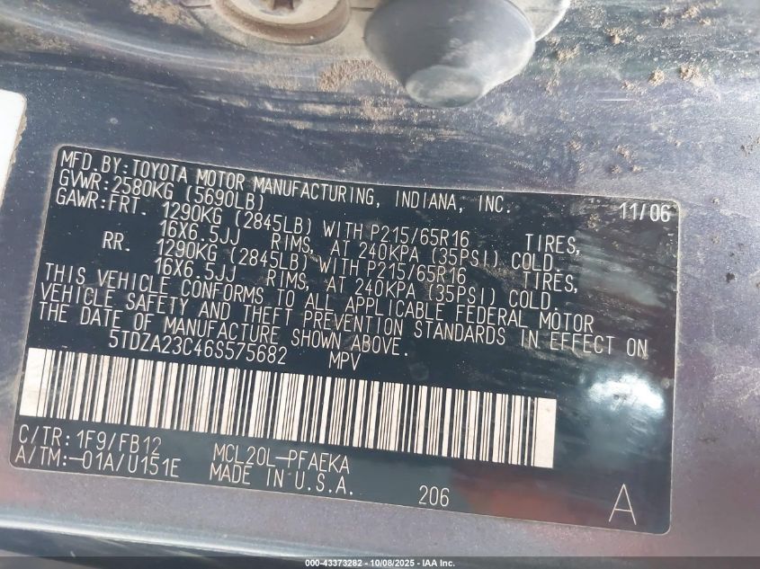 2006 Toyota Sienna Ce VIN: 5TDZA23C46S575682 Lot: 43373282