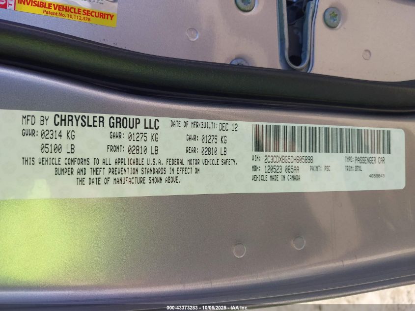 2013 Dodge Charger Se VIN: 2C3CDXBG5DH605898 Lot: 43373283