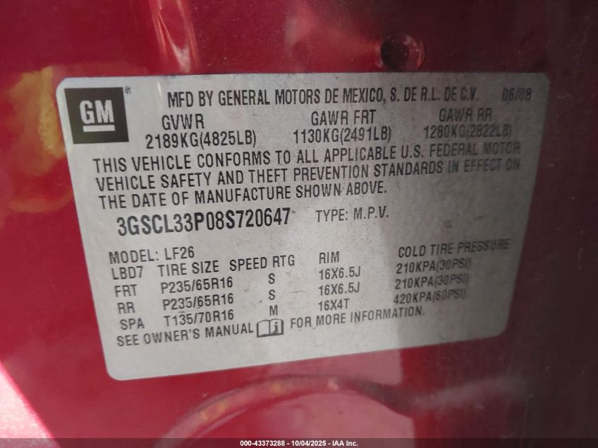 2008 Saturn Vue 4-Cyl Xe VIN: 3GSCL33P08S720647 Lot: 43373288