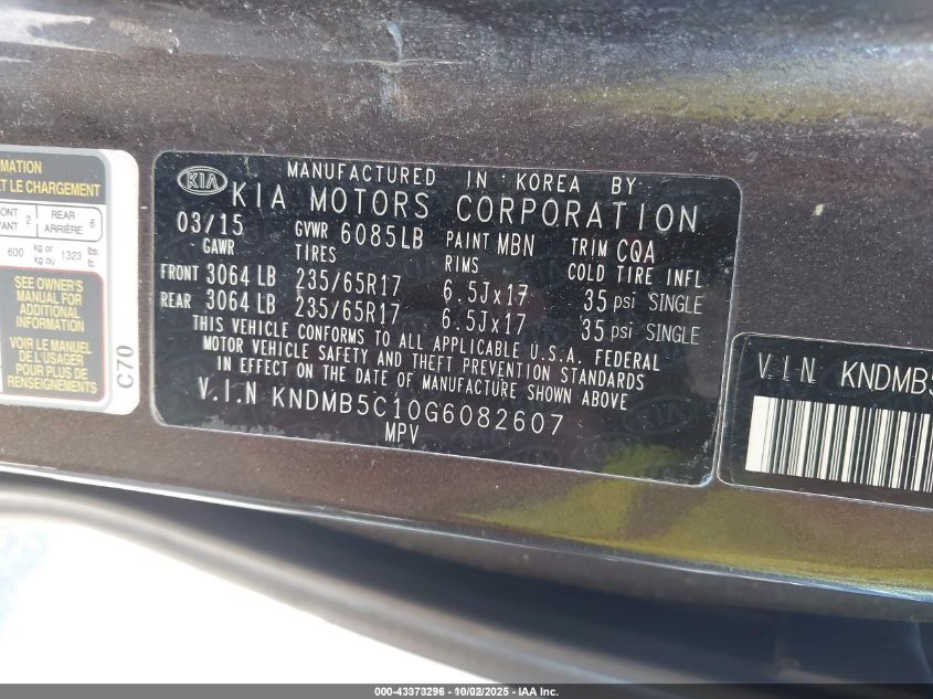 2016 Kia Sedona Lx VIN: KNDMB5C10G6082607 Lot: 43373296