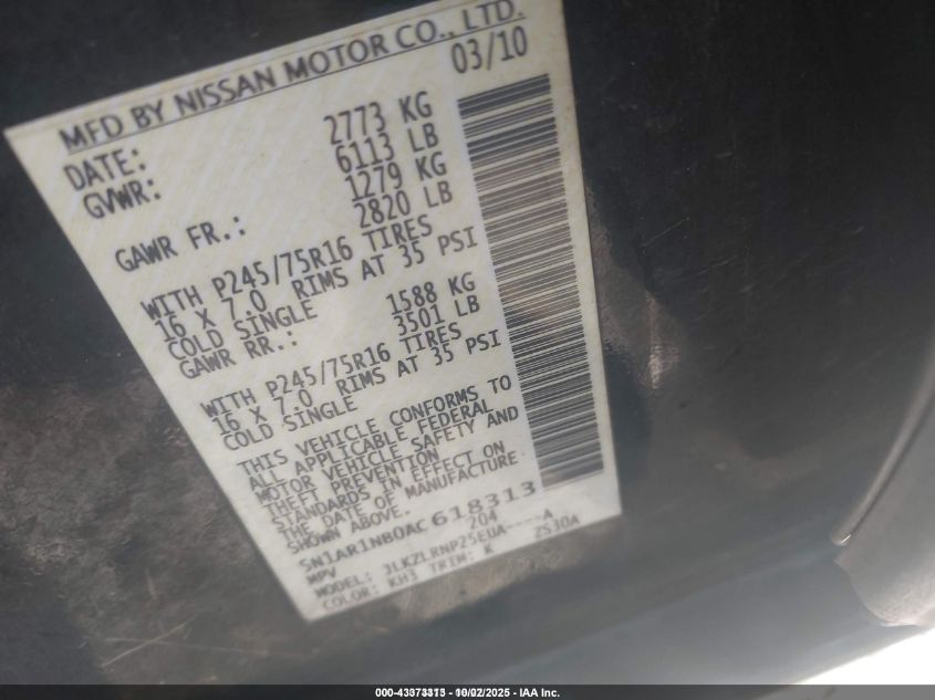 2010 Nissan Pathfinder S VIN: 5N1AR1NB0AC618313 Lot: 43373313