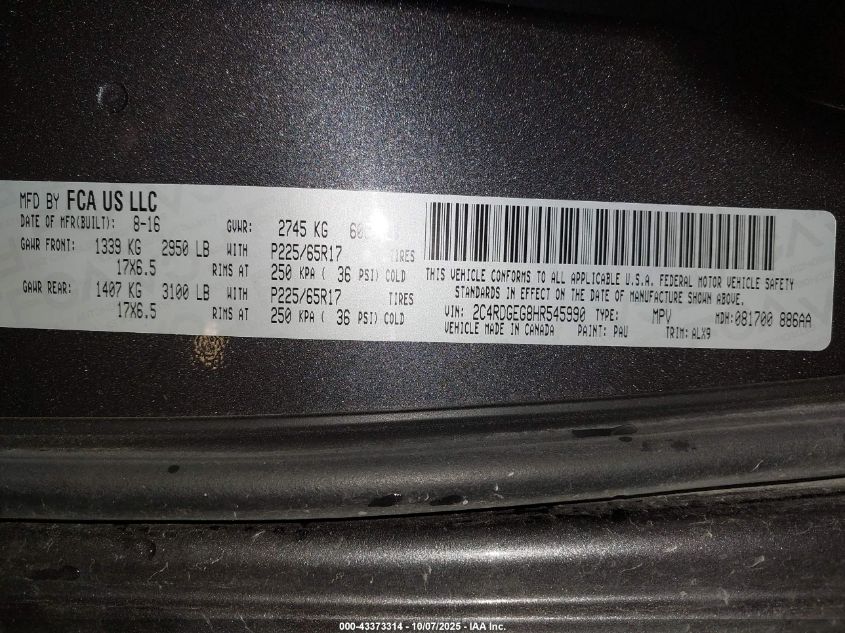 2017 Dodge Grand Caravan Gt VIN: 2C4RDGEG8HR545990 Lot: 43373314