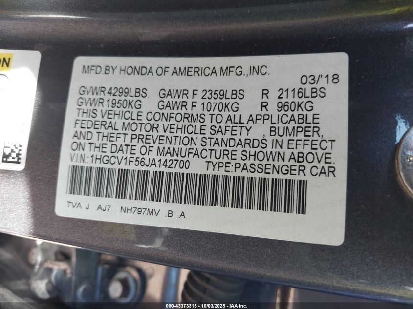 2018 Honda Accord Ex-L VIN: 1HGCV1F56JA142700 Lot: 43373315