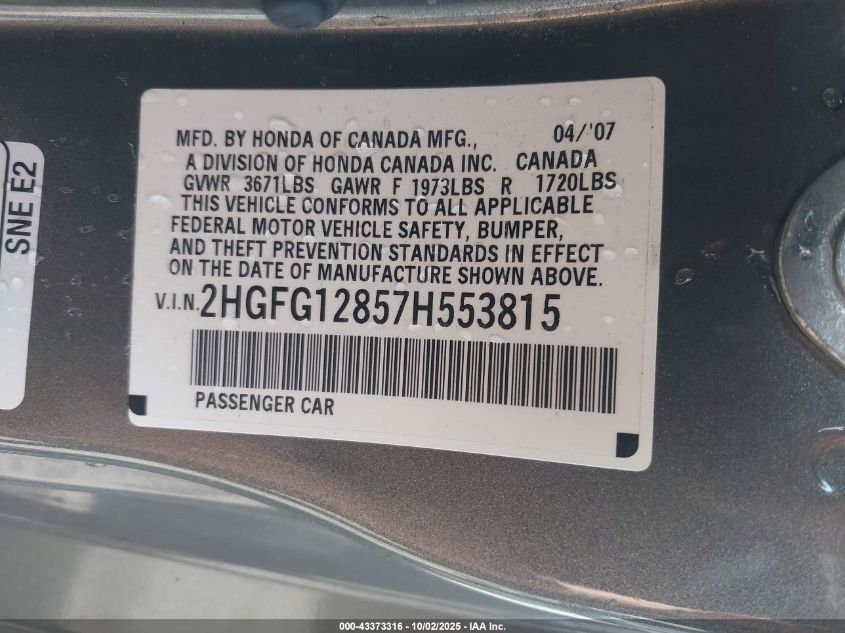 2007 Honda Civic Ex VIN: 2HGFG12857H553815 Lot: 43373316