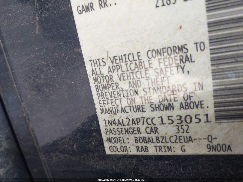 2012 Nissan Altima 2.5 S VIN: 1N4AL2AP7CC153051 Lot: 43373321