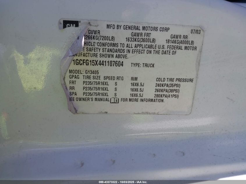 2004 Chevrolet Express VIN: 1GCFG15X441107604 Lot: 43373322