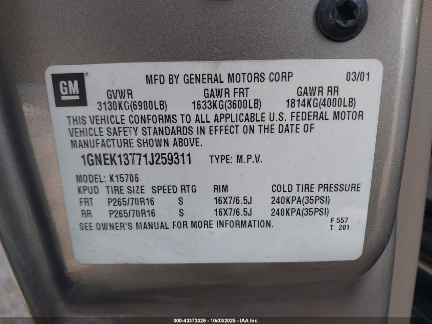 2001 Chevrolet Tahoe Lt VIN: 1GNEK13T71J259311 Lot: 43373326