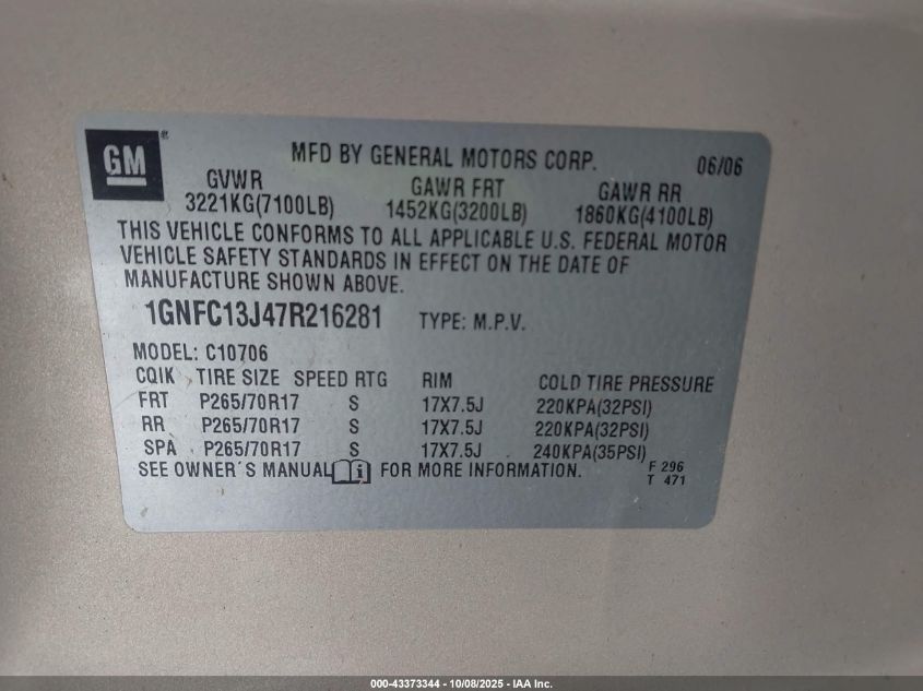2007 Chevrolet Tahoe Lt VIN: 1GNFC13J47R216281 Lot: 43373344