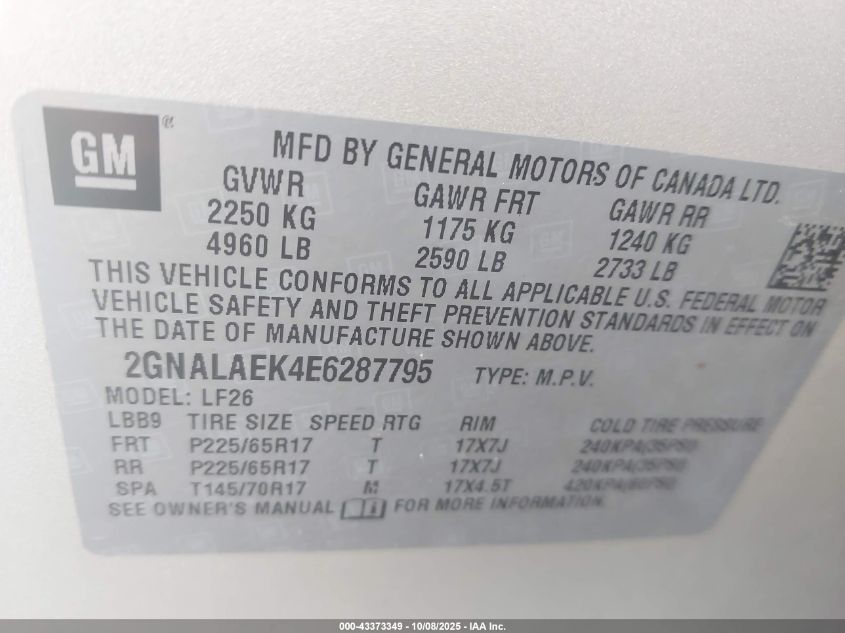 2014 Chevrolet Equinox Ls VIN: 2GNALAEK4E6287795 Lot: 43373349