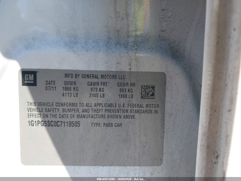 2012 Chevrolet Cruze 2Lt VIN: 1G1PG5SC0C7118505 Lot: 43373350