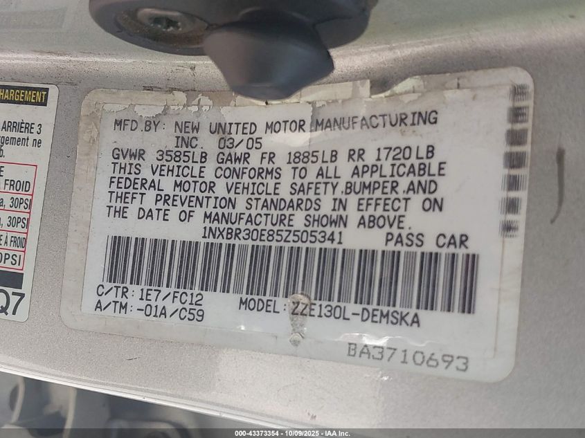 2005 Toyota Corolla S VIN: 1NXBR30E85Z505341 Lot: 43373354