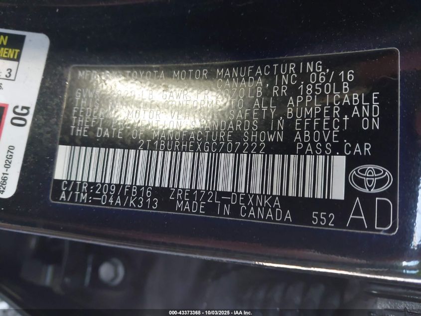 2016 Toyota Corolla Le VIN: 2T1BURHEXGC707222 Lot: 43373368