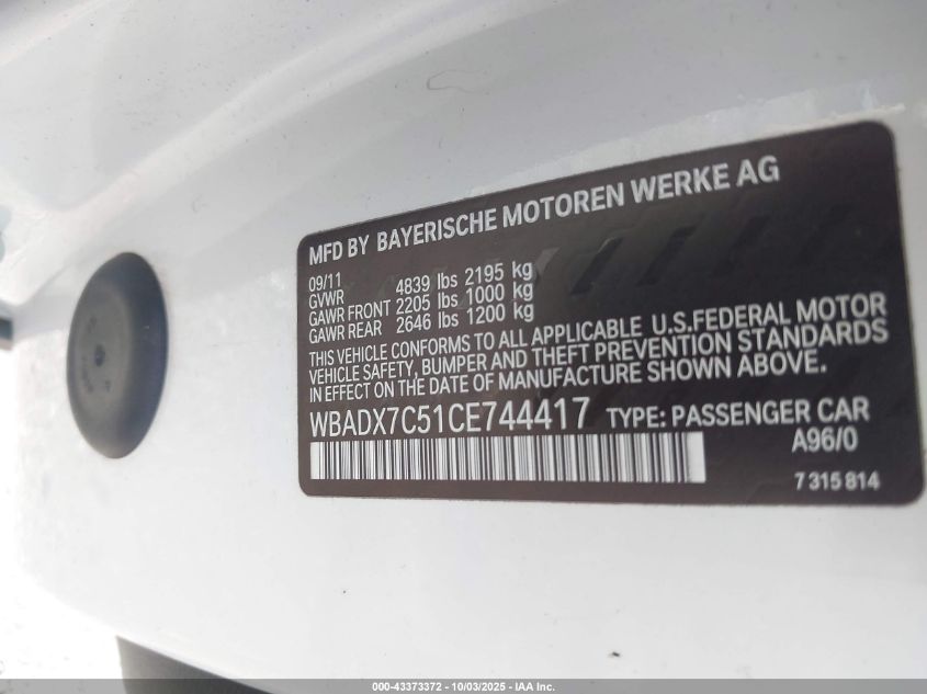 2012 BMW 335I VIN: WBADX7C51CE744417 Lot: 43373372