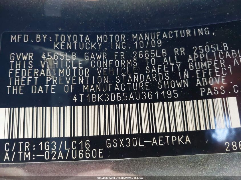 2010 Toyota Avalon Limited VIN: 4T1BK3DB5AU361195 Lot: 43373403