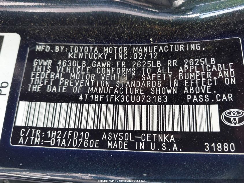 2012 Toyota Camry Le VIN: 4T1BF1FK3CU073183 Lot: 43373410