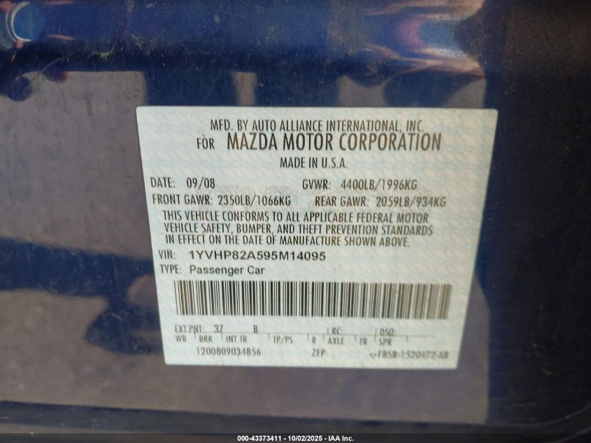 2009 Mazda Mazda6 I Touring VIN: 1YVHP82A595M14095 Lot: 43373411