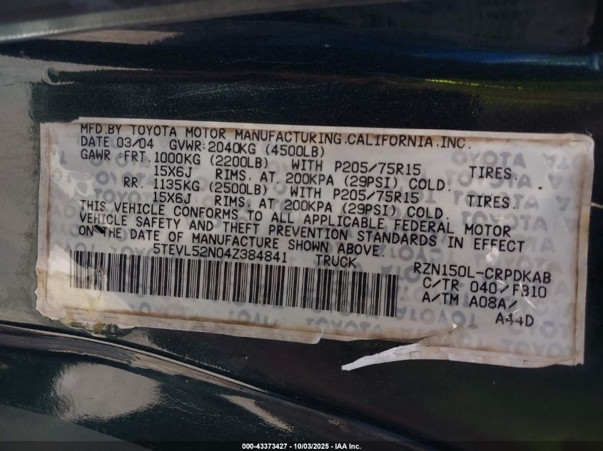 2004 Toyota Tacoma VIN: 5TEVL52N04Z384841 Lot: 43373427