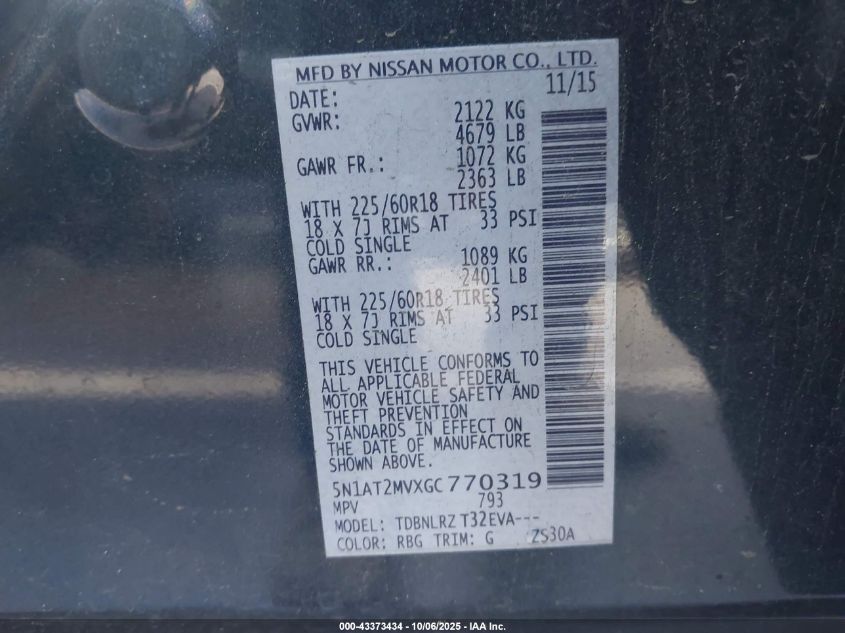 2016 Nissan Rogue Sl VIN: 5N1AT2MVXGC770319 Lot: 43373434